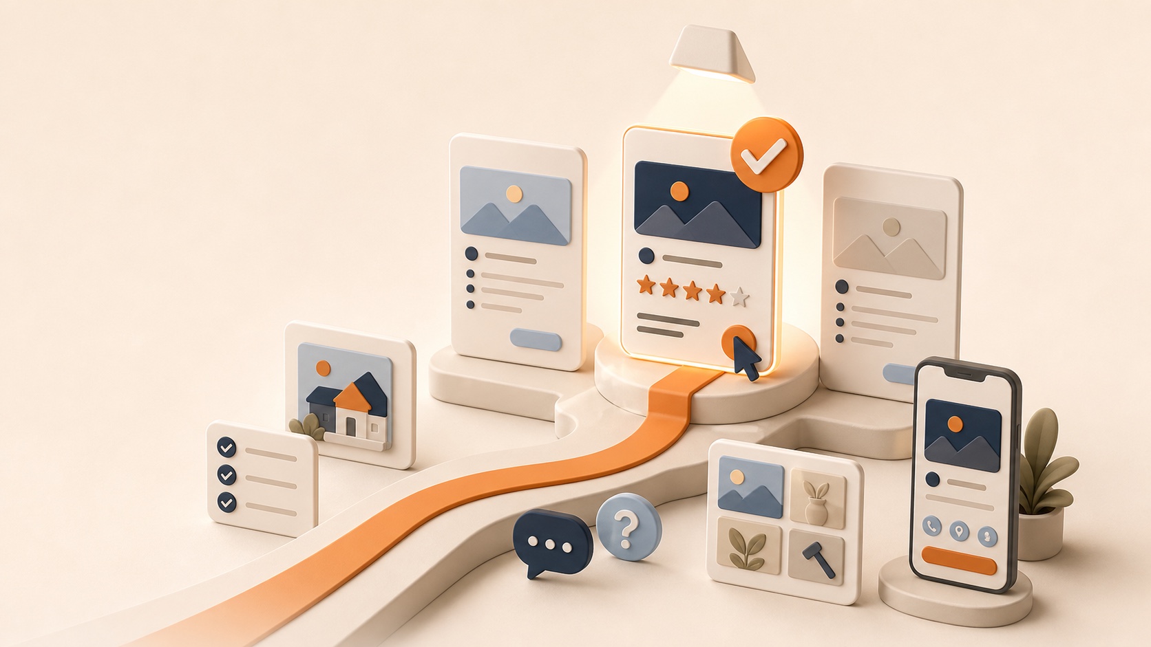 A warm 3D illustration of a highlighted business card with reviews, a checkmark, service proof cards, and a mobile contact page
