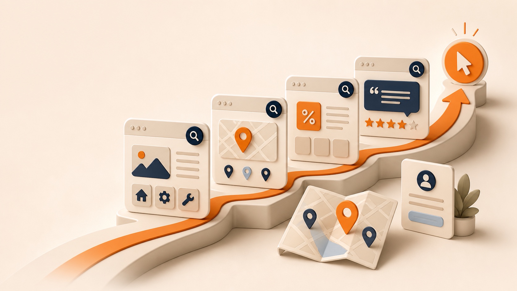 A warm 3D illustration of search result pages, local map pins, offer pages, reviews, and an upward orange click path