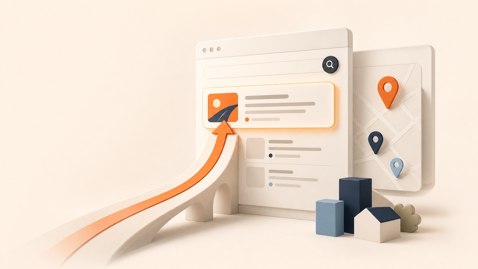 A warm 3D illustration of a website search result, orange ramp arrow, and local map pins